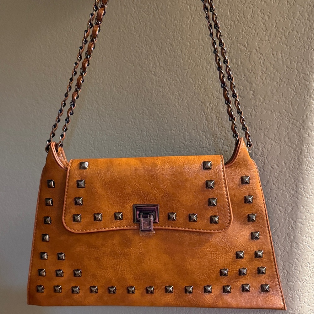 Studded Tan Leather Shoulder Bag